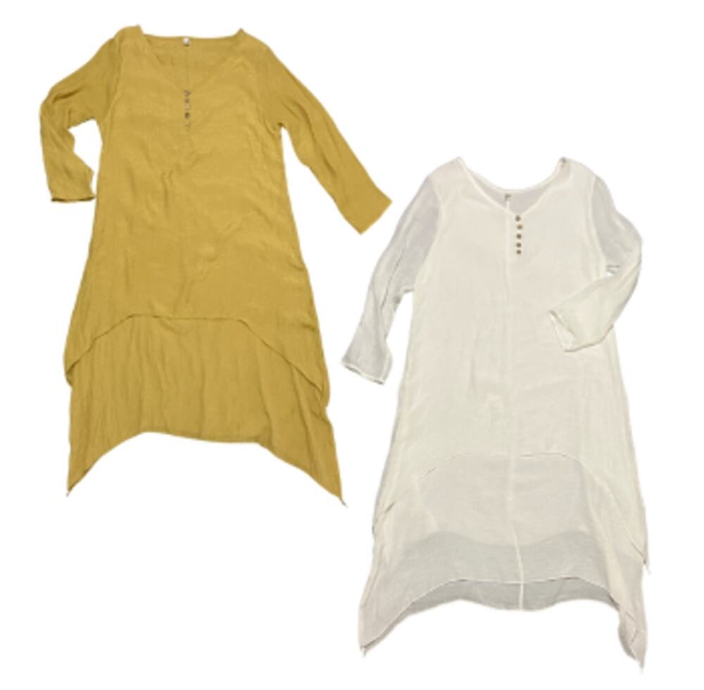 2 Gauzy Linen Tunic Dresses in Mustard Yellow and Soft Off-White
